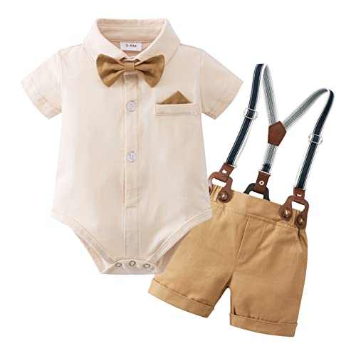 YUEMION Infant Baby Boy Clothes Gentleman Outfits Suits Summer Short Sleeve Bowtie Bodysuit Shirts + Suspender Shorts (Beige,3-6M)