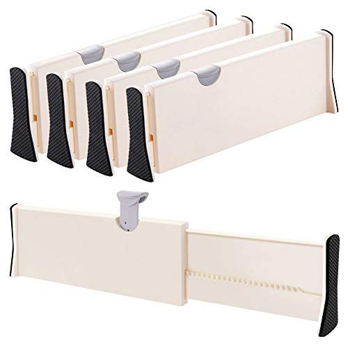 Drawer Dividers Organizer 4 Pack, Adjustable Separators 4' High Expandable from 11-17' for Bedroom, Bathroom, Closet,Clothing, Office, Kitchen Storage, Strong Secure Hold, Foam Ends, Locks in Place