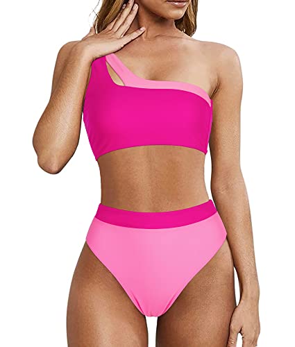 MOOSLOVER Women Cutout One Shoulder High Waisted Bikini High Cut Two Piece Swimsuits(S,Pink Rose)