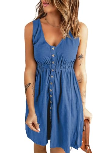 Acelitt Women Casual Summer 2024 Fashion V Neck Sleeveless Button Down Dresses Elastic Waist Pleated Mini A-Line Swing Dress Blue Large