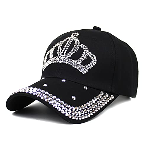 Gudessly Adjustable Women’s Bling Rhinestone Bejeweled Cotton Denim Baseball Cap Hip Hop Hat (A-Crown Black)