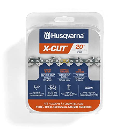 Husqvarna X-Cut SP33G 20 Inch Chainsaw Chain, 325' Pitch, 050' Gauge, 80 Drive Links, Highly Durable, Pre-Stretched Chainsaw Blade Replacement with Superior Lubrication and Low Kickback, Gray