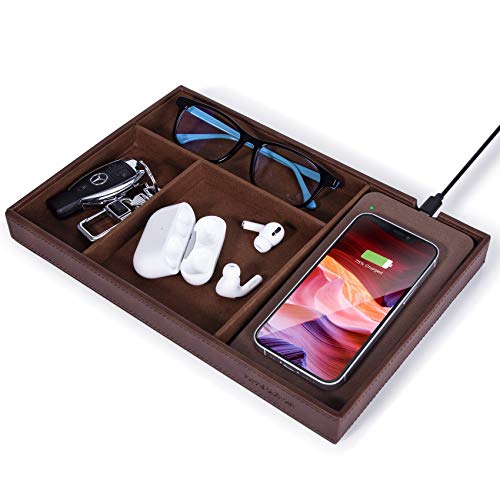 Valet Tray, Built in Wireless Charging Pad, Nightstand Organizer, Dresser Organizer, Mens Jewelry Box, Valet Charging Station, Faux Leather Valet Tray for Men and Women,Dark Brown