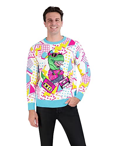 Holiday Hype Men's Festive Ugly Christmas Holiday Party Pull Over Sweater, 80's Fly Rex, Large