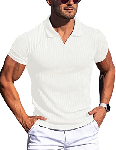 Gnvviwl Men's Muscle V Neck Polo Shirts Slim Fit Short Sleeve Cotton Golf T-Shirts Ribbed Knit Soft Tees White