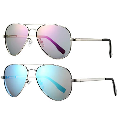 PORADAY Polarized Aviator Sunglasses for Men Women Metal Frame 100% UV400 Protection Lens, 58mm (Junior/Silver/Purple Mirror，Silver/Blue Mirror)