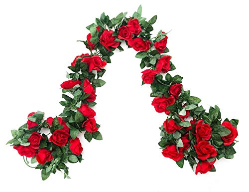 SWSTINLING 2 Pack (16FT) Artificial Rose Vine Flowers Plants Fake Flower Vine for Wedding Home Garden Craft Art Decor Mother's Day Party Decoration Red