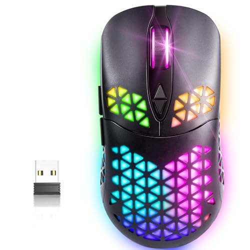 WolfLawS KM-3 Wireless Gaming Mouse, Rechargeable RGB Wireless Mouse PC Gaming Mice with 7 Programmed Buttons, 4 DPI Levels, 60-Hrs Play, BT5.0/3.0/2.4GHz Computer Mouse for Window Mac Laptop