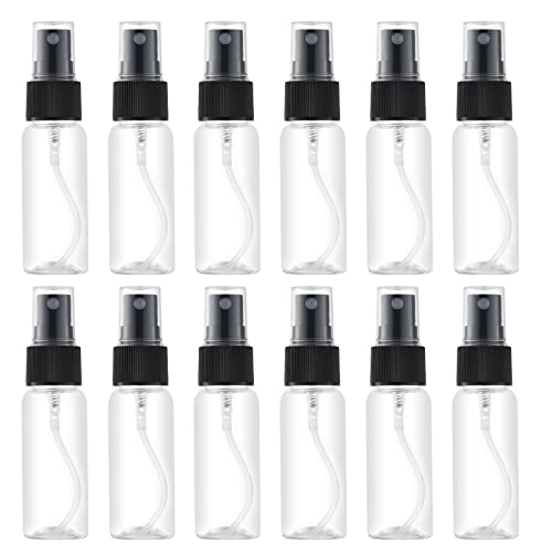 LISAPACK 1oz Small Plastic Spray Bottle (12 Pack) Empty Mini Fine Mist Travel Size Atomizer, Tiny Sprayer for Little Perfume, Water, Cologne, Alcohol, Samples (Clear, 30ml)