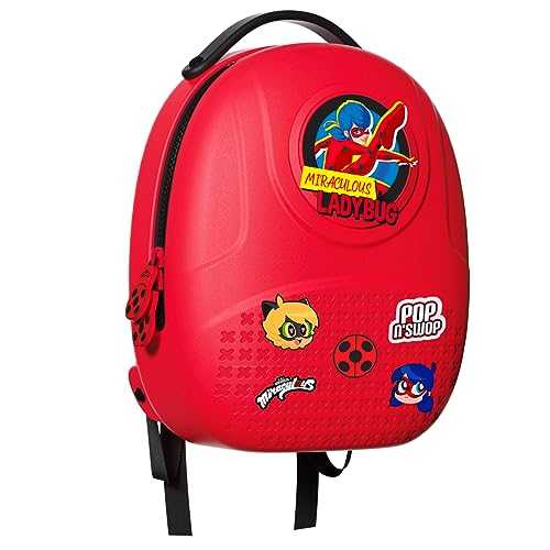 Miraculous Ladybug - Pop n' Swop Ladybug Red Backpack with Black Handle, 6 Clip-on Badges and Zipper, Lightweight Durable Waterproof Bag with Adjustable Straps (Wyncor)