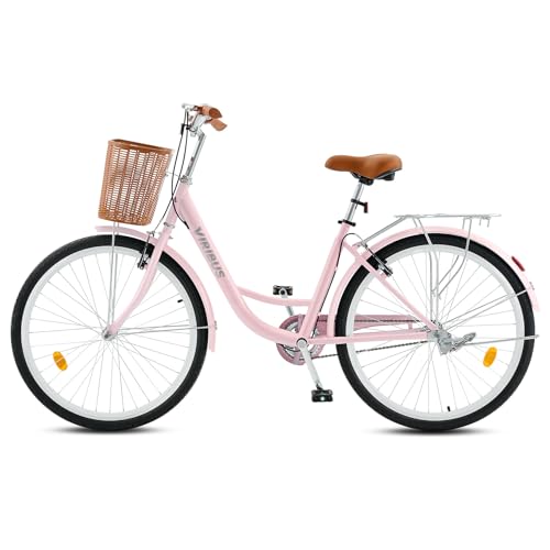 Viribus Beach Cruiser Bike for Women, 26 inch Womens Cruiser Bike, Womens Bike with Basket 1 Speed, Beach Cruiser Bike for Short Women, Step Through Bike, Commute Bicycle Women Adults, Pink