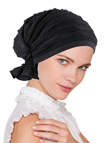 Abbey Cap Womens Chemo Hat Beanie Scarf Turban Headwear for Cancer Ruffle Black