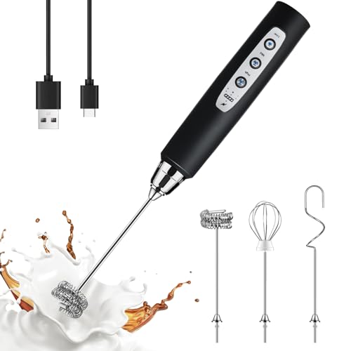 YUSWKO Milk Frother Handheld with 3 Heads, Electric Whisk Drink Foam Mixer with USB Rechargeable 3 Speeds, Mini Frother for Coffee Latte, Cappuccino, Hot Chocolate, Egg - Black