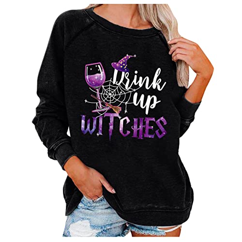 symoid womens halloween costumes 2023 Drink Up Witches Sweatshirts for Women Gothic Spider Web Print Halloween Shirts Long Sleeve Loose Retro Pullover Tops Black M