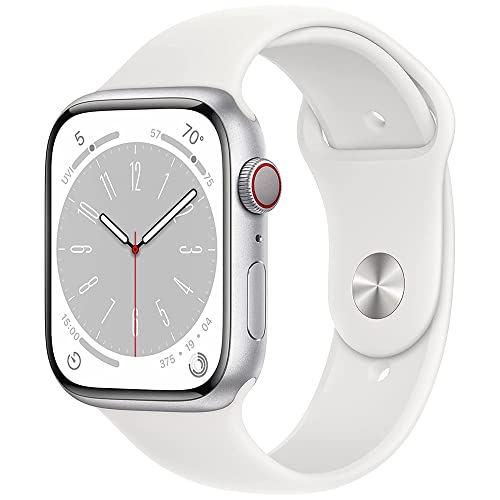 Apple Watch Series 8 [GPS + Cellular, 45mm] - Silver Aluminum Case with White Sport Band, M/L (Renewed)