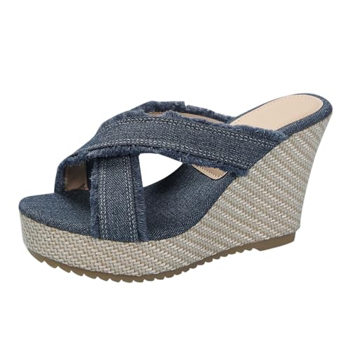 JEUROT Womens Sandals Open Toe Denim Wedge Heels Slip On High Platform Slides Comfortable Walking Shoes Casual Beach Slippers (Sky Blue, 6.5)