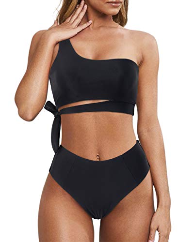 MOOSLOVER Women One Shoulder High Waisted Bikini Tie High Cut Two Piece Swimsuits(XL,Black)