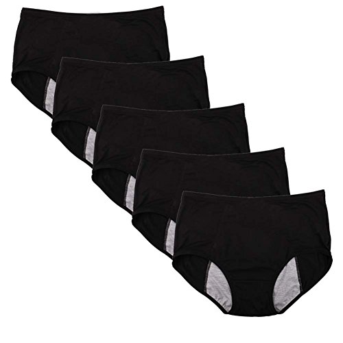 YOYI FASHION Bamboo Viscose Brief Menstrual Leakproof Panties US Size XXL/9, Black-5 Packs