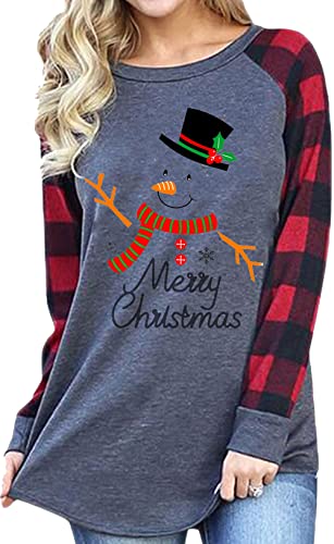 Christmas Shirt for Women Snowman T-Shirt Plaid Splicing Raglan Long Sleeve Tee Christmas Holiday Tops(Snowman-4321 XL)