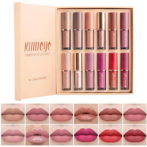 KIMIEYE 12Pcs Velvet Matte Liquid Lipstick Set, Waterproof Long Lasting Quick-drying Non-Stick Cup Nude Lip Stain Kit, Up to 24H Wear, Professional Lip Makeup Gift Kit for Women (SET A)