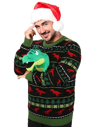 Liitrsh 3D Christmas Dinosaur Adult Ugly Sweater Xmas Funny Long Sleeve Knit Sweater for Men Women Holiday Party(X-Large)