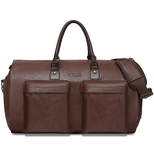 Modoker Convertible Leather Garment Bag, Carry on Garment Bags for Travel Waterproof Garment Duffel Bag Gifts for Men Women Business - 2 in 1 Hanging Suitcase Suit Travel Bags in Brown