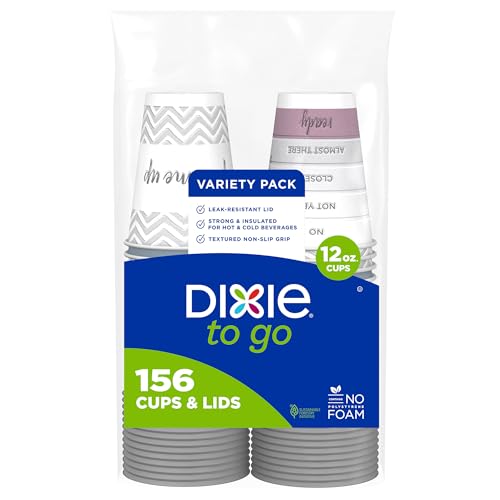Dixie to Go Disposable Hot Beverage Paper Coffee Cups with Lids, 12 Oz, 156 Count, Assorted Designs
