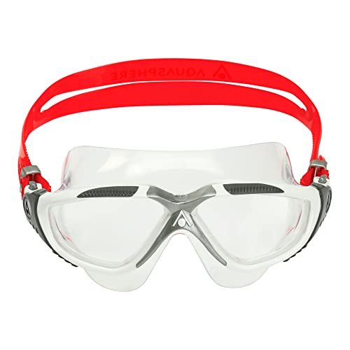 Aqua Sphere Vista Adult Unisex Swim Goggles - OneTouch Custom Fit, Wide Peripheral Vision - Durable Mask for Active Open Water Swimmers - Clear lens, White/Red Frame