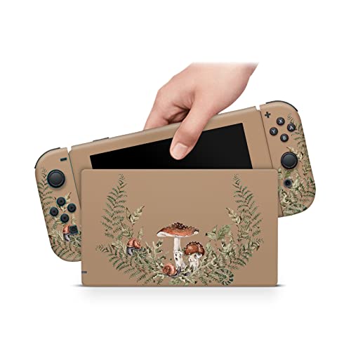 ZOOMHITSKINS Compatible with Nintendo Switch Skin Cover, Forest Mushroom Autumn Fall Leaves Vintage Botanical Greenwood Brown, 3M Vinyl Decal Sticker Wrap, Made in The USA