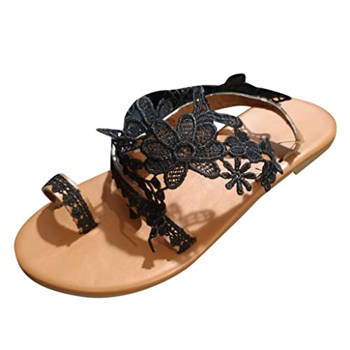 Shengsospp Women's Flat Sandal Comfort Walking with Non Slip on Casual Beach Shoes Dress Ankle Elastic Flats Summer 15_Black, 10
