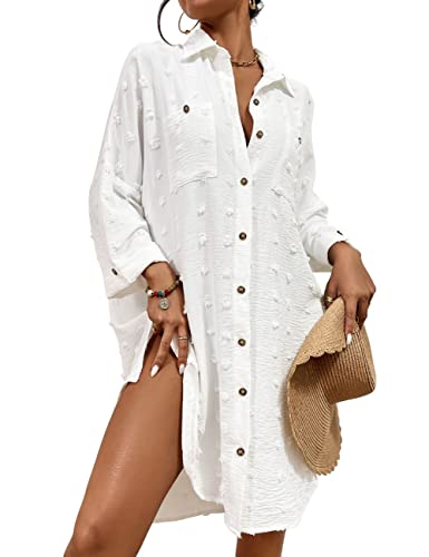 Bsubseach Swimsuit Coverup for Women Bathing Suit Cover Up Button Down Shirt Dresses Swiss Dot White