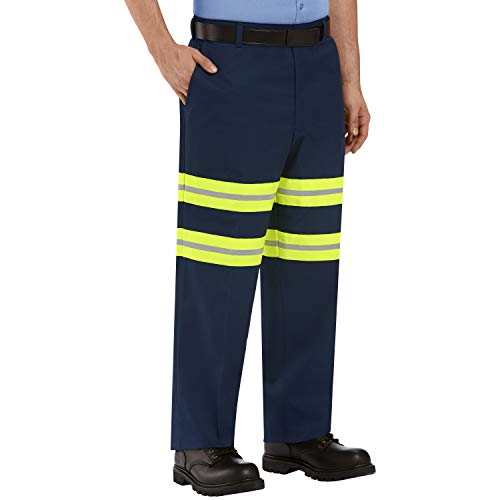 Red Kap Men's Stain Resistant Enhanced Flat Front Work Pants, Navy with Yellow/Green Visibility Trim, 40W x 30L