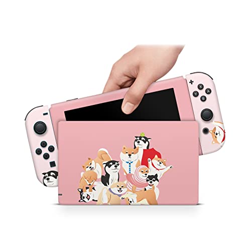 ZOOMHITSKINS Compatible with Nintendo Switch Skin Cover Cute Shiba Inu Japan Dog Pink Pet Pastel Decal Vinyl Sticker Kawaii Cute Pink 3M Vinyl Decal Sticker Wrap, Made in The USA