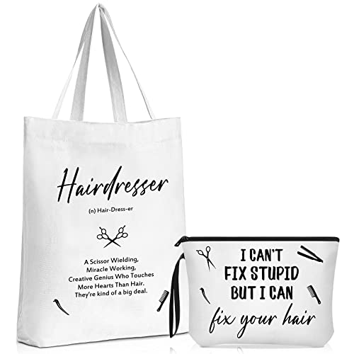 2 Pcs Hairdresser Gifts for Women Hair Stylist Tote Bag Makeup Bag Hairstylist Cosmetic Bags Inspirational Pouch Canvas Bag Funny Gift