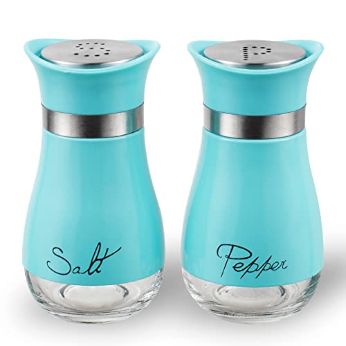 Lonffery Salt and Pepper Shakers, Stainless Steel and Glass Bottle, Set of 2, Turquoise