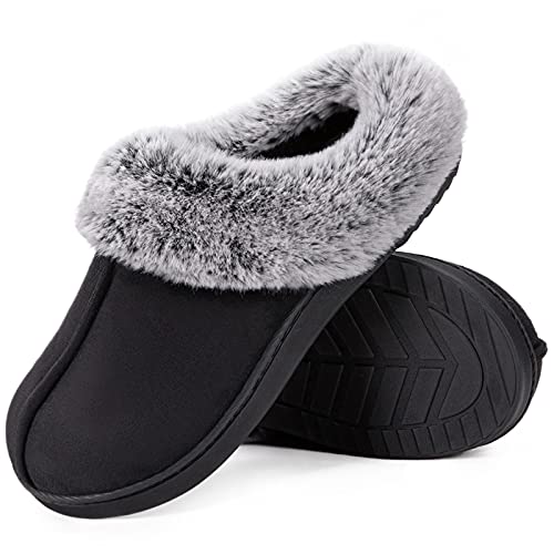 Women's Classic Microsuede Memory Foam Slippers Durable Rubber Sole with Warm Faux Fur Collar (9-10 M, Black)