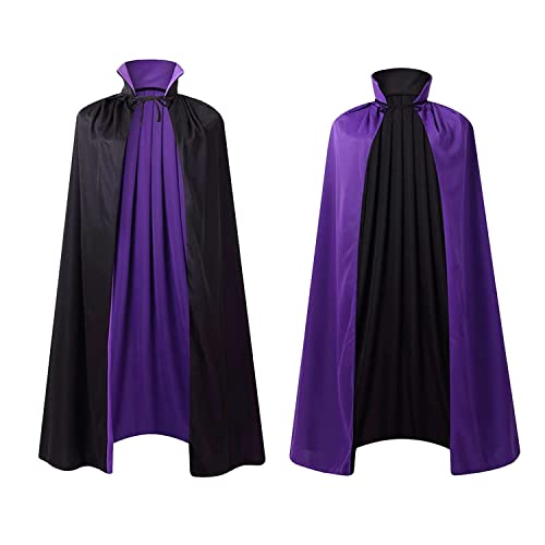 55' Stand Collar Reversible Cloak Masquerade Cape Costume, Black and Purple (55'/140cm, Black and Purple)