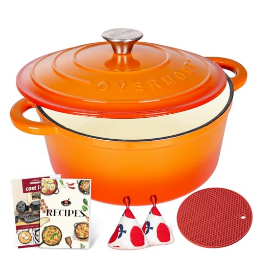 Overmont Enameled Cast Iron Dutch Oven - 5.5QT Pot with Lid Cookbook & Cotton Potholders - Heavy-Duty Cookware for Braising, Stews, Roasting, Bread Baking orange