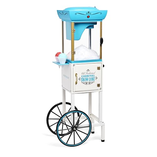 Nostalgia Snow Cone Shaved Ice Machine - Retro Cart Slushie Machine Makes 48 Icy Treats - Includes Metal Scoop, Storage Compartment, Wheels for Easy Mobility - White, Blue