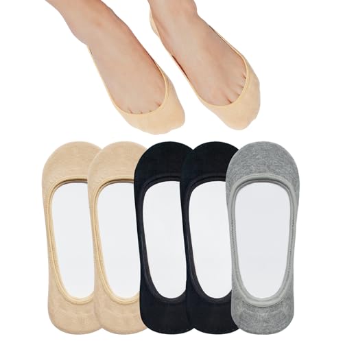 SIXDAYSOX No Show Socks for Women 5 Pack Ultra Low Cut Liner Socks with Non-Slip Heel Grips Size 9-11(Black,Nude,Gray)