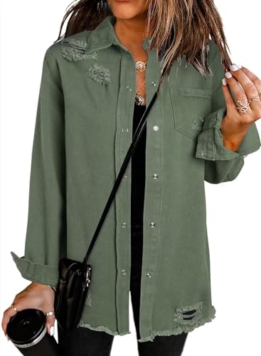 Dokotoo Women's Denim Jean Jacket Oversize Vintage Long Sleeve Boyfriend Mid Long Coat Classic Distressed Fray Hem Tassels Trucker Jackets,US 12-14(L),Green