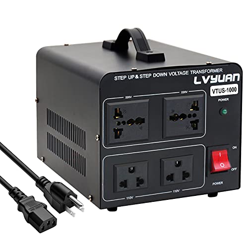 LVYUAN Voltage Converter Transformer 1000 Watt Step Up/Down Convert from 110V-120V to 220V-240Vt and from 220V-240V to 110V-120V with 2 US outlets, 2 Universal outlets, Resettable Circuit Breaker