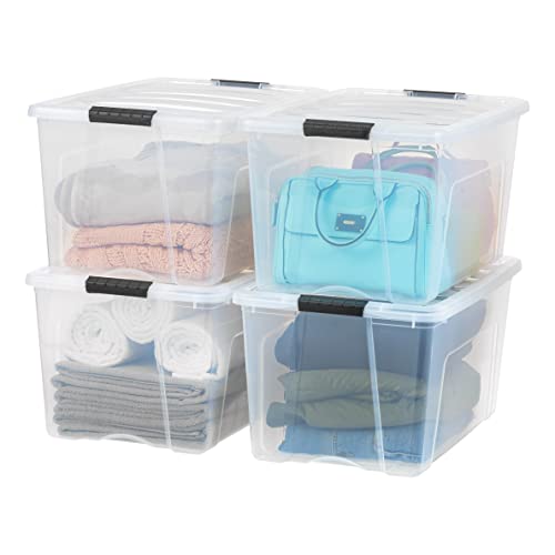 IRIS USA 72 Qt Stackable Plastic Storage Bins with Lids, 4 Pack - BPA-Free, Made in USA - See-Through Organizing Solution, Latches, Durable Nestable Containers, Secure Pull Handle - Clear