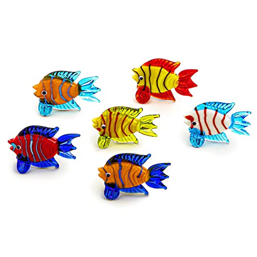 HDCRYSTALGIFTS Miniature Hand Blown Tropical Fish Figurine Handmade Art Glass Sea Animals Collection, Set of 6