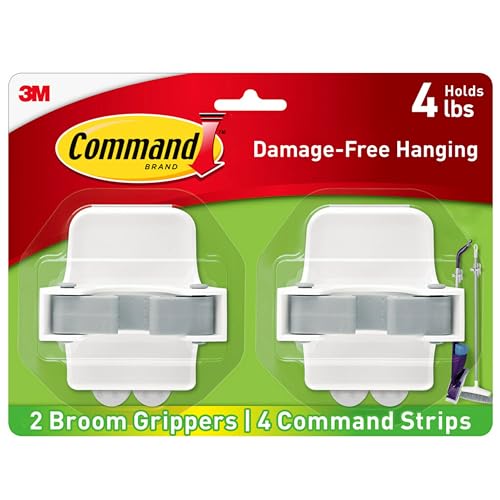 Command Broom and Mop Grippers Wall Hook, Damage Free Hanging Wall Mount Broom and Mop Holder, No Tools Household Cleaning Organizer for Living Spaces, 2 Hangers and 4 Command Strips