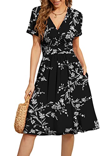 WEACZZY Women Summer Casual Short Sleeve Dresses V-Neck Floral Sundress with Pockets, Floral White Black, Medium