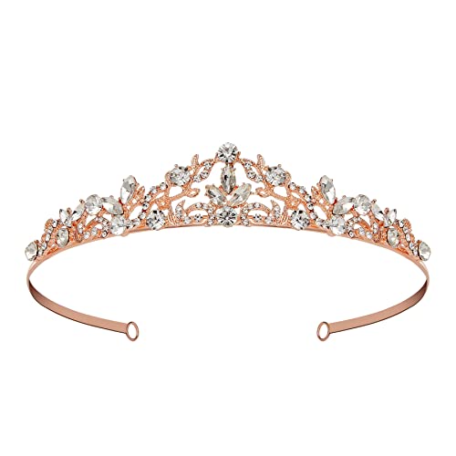 SWEETV Rose Gold Tiaras for Women Rhinestone Wedding Crown for Bride Small Princess Tiara Headband Birthday Bridal Hair Accessories Flower Girl