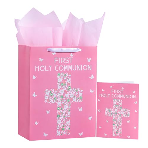 WRAPAHOLIC 13' Large Gift Bag with Card and Tissue Paper - Pink Cross with Floral and Dove Design for First Communion, Baby Girl Baptisms, Christenings, Religious