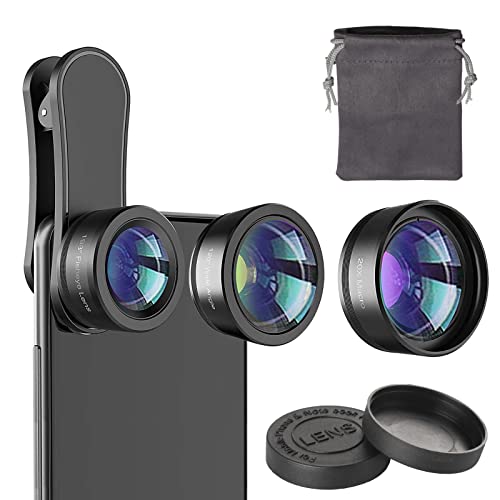 Phone Camera Lens 3-in-1 Kit :120° Supe Wide Angle +198° fisheye Lens+ 20x Macro Lens for iPhone Samsung Android & Most Smartphone.HD Phone Lens Kit