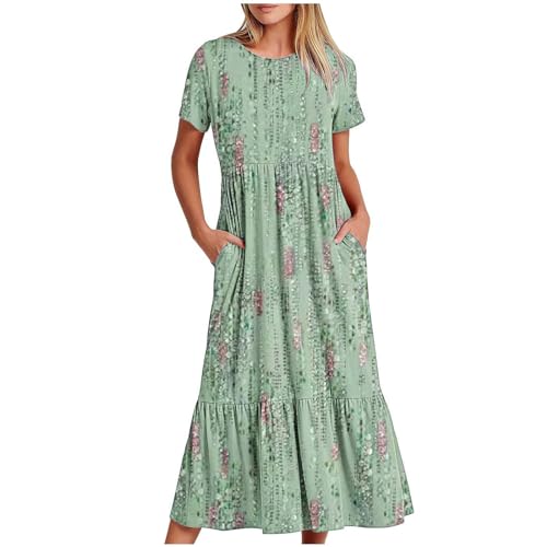 Amazon Clearance Flowy Dresses for Women Summer Dresses Women 2024 Casual Short Sleeve Boho Flowy Sundress Crewneck Floral Tiered Maxi Dress with Pockets Green 2X